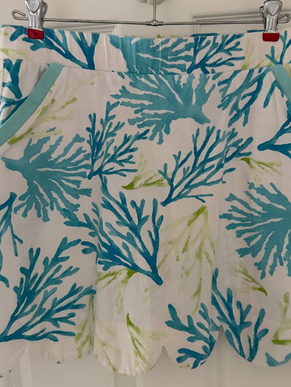 AnaClare Coral Print Blue/White Skort Womens Large Cotton Scallop Hem Pockets